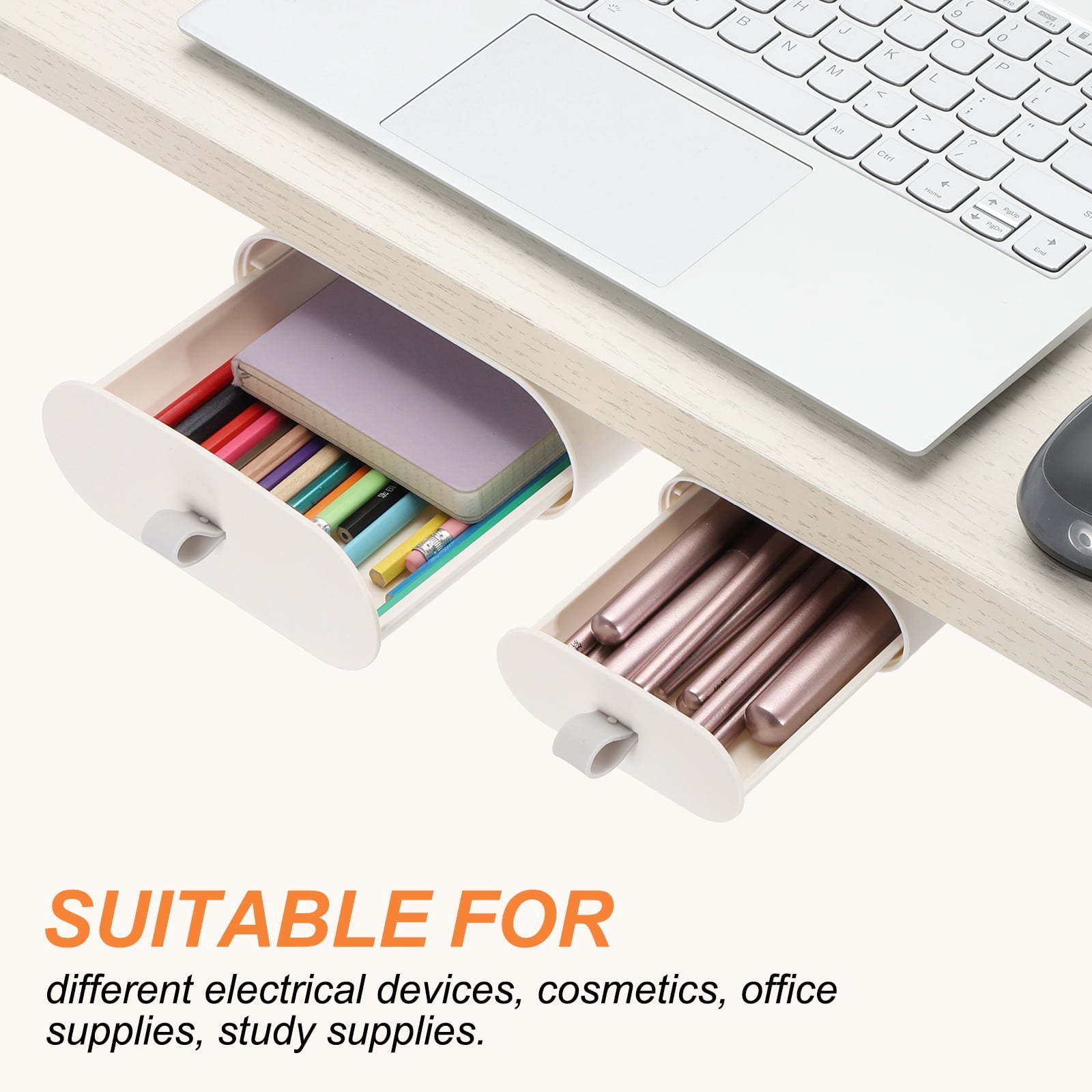 Uxcell Under Desk Drawer Self-Adhesive Slide Out Storage Box Attachable Organizer for Home Office Classroom, White, 1 Pcs