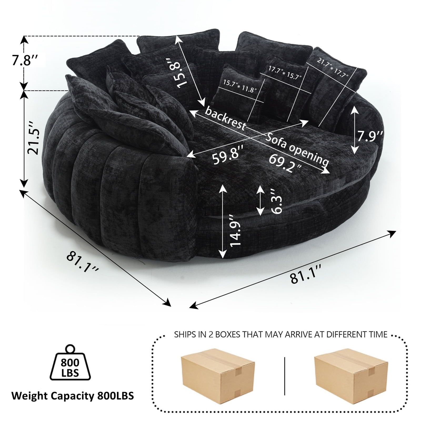 litvz 81.1in extra wide round boneless sofa oversized round chaise lounge comfy with 14 pillows for living room