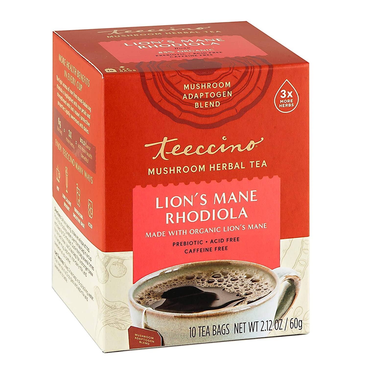 Teeccino Mushroom Adaptogen Herbal Tea, Lion’s Mane Rhodiola Rose, 10 Tea Bags