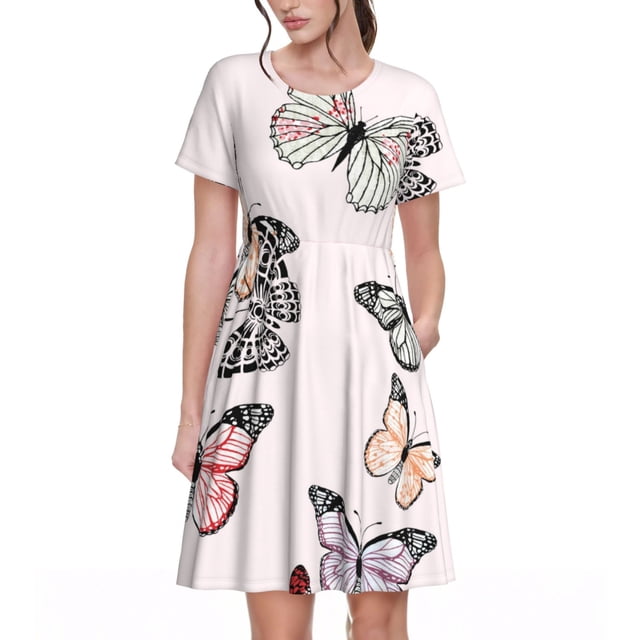 Fotbe Beautiful Butterfly Vestido Largo de Moda para Mujer, Vestido Tipo Camiseta con Manga Corta y Estilo Casual a Rayas y Bloques de Color