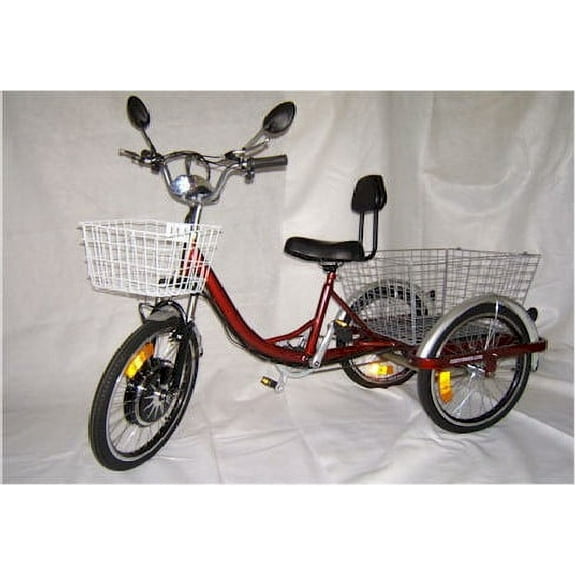 Mobility4less Red Electric Tricycle with Front and Rear Carrying Basket
