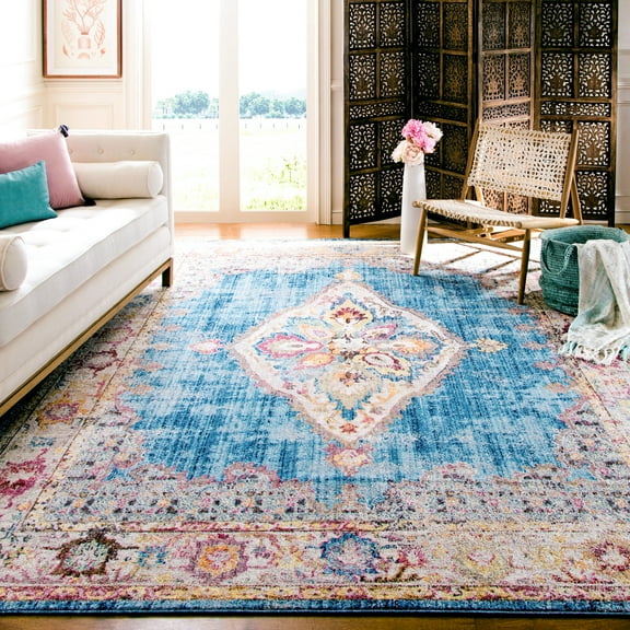SAFAVIEH Bristol Kyler Oriental Polyester Area Rug, Blue/Ivory, 7' x 7' Square