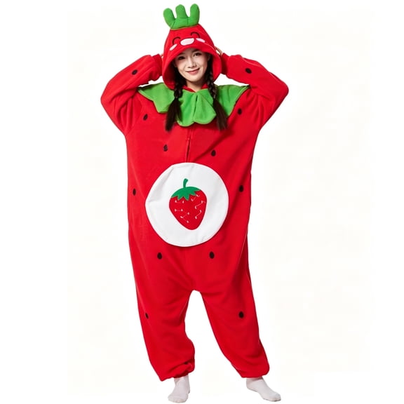 Mutghys Halloween Onesie Adult Red Strawberry Print Fleece Full Zip Hooded Homewear Festival Party Soft Comfy Warm Winter Bodysuit