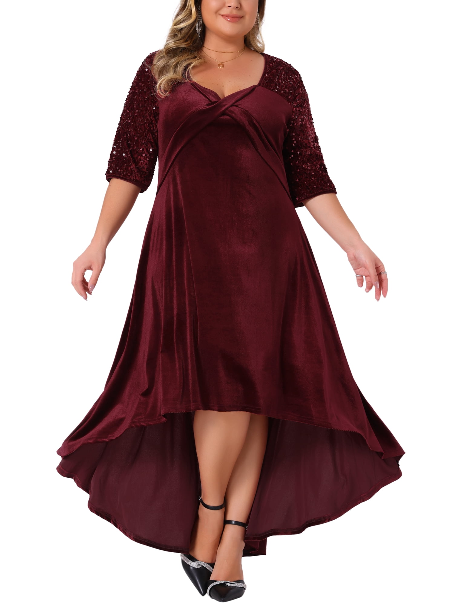 DARING DIVA Plus Size Velvet V Neck Sequin Sleeve High Low Hem Dress 1X Burgundy