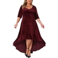 thumbnail image 2 of DARING DIVA Plus Size Velvet V Neck Sequin Sleeve High Low Hem Dress 1X Burgundy, 2 of 6