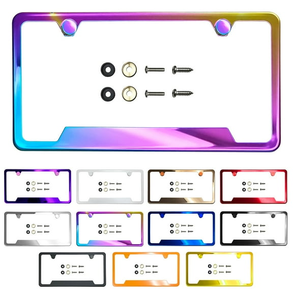 KA Depot Bottom Corner Cut Out Version Neon Neo Chrome Mirror License Plate Frame T304 Stainless Steel Metal Screw Caps