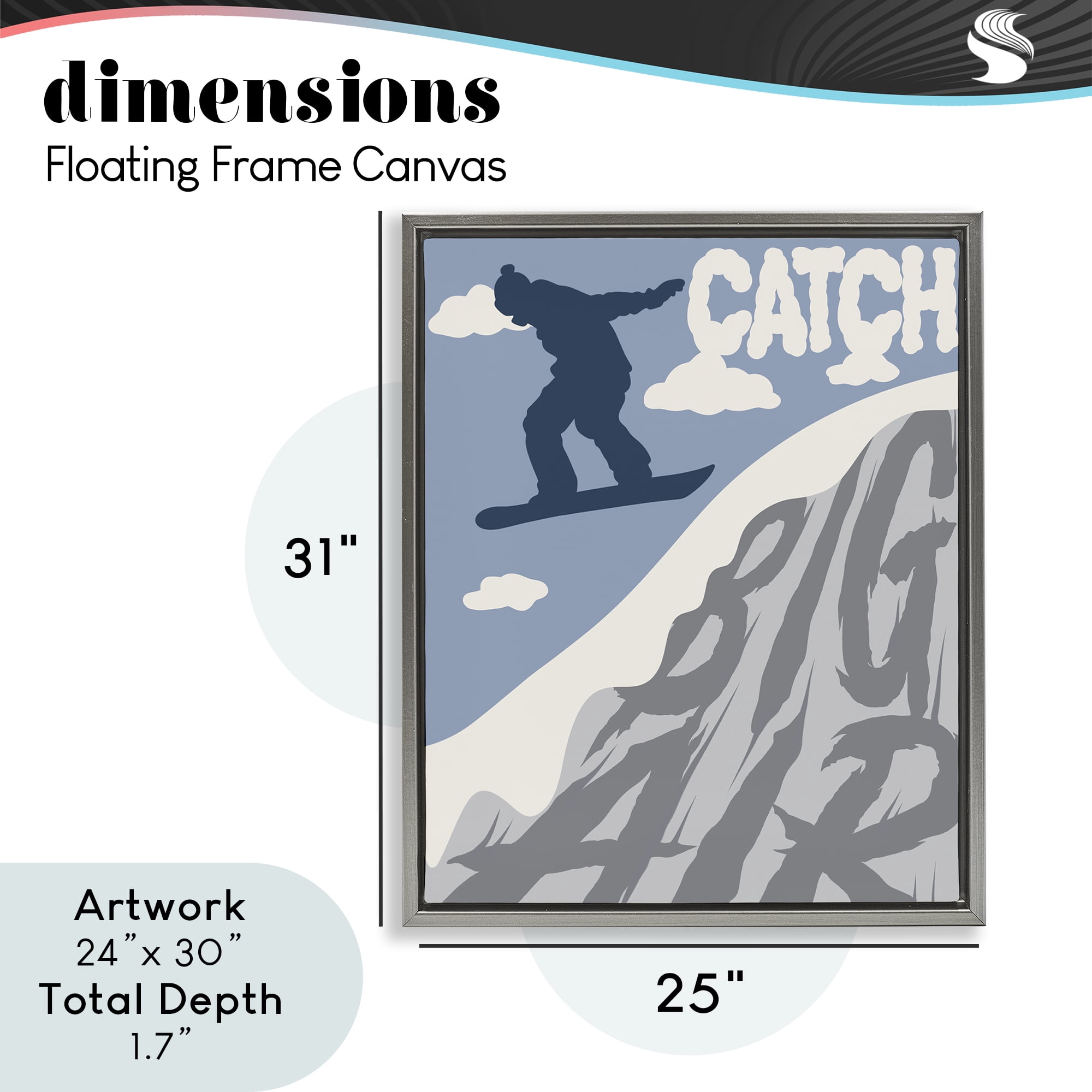Catch Big Air Snowboard Gray Framed Floater Canvas Wall Art, design by Marcus Prime