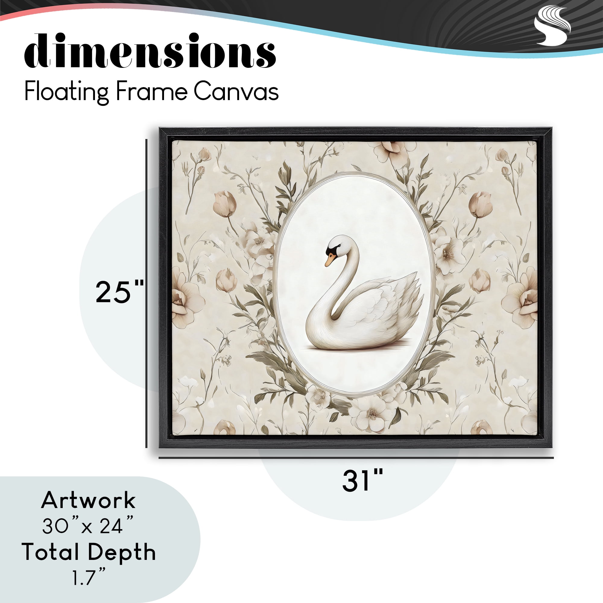 Stupell Industries Swan Vignette in Floral Border Black Framed Floater Canvas Wall Art, design by Arlington Prints