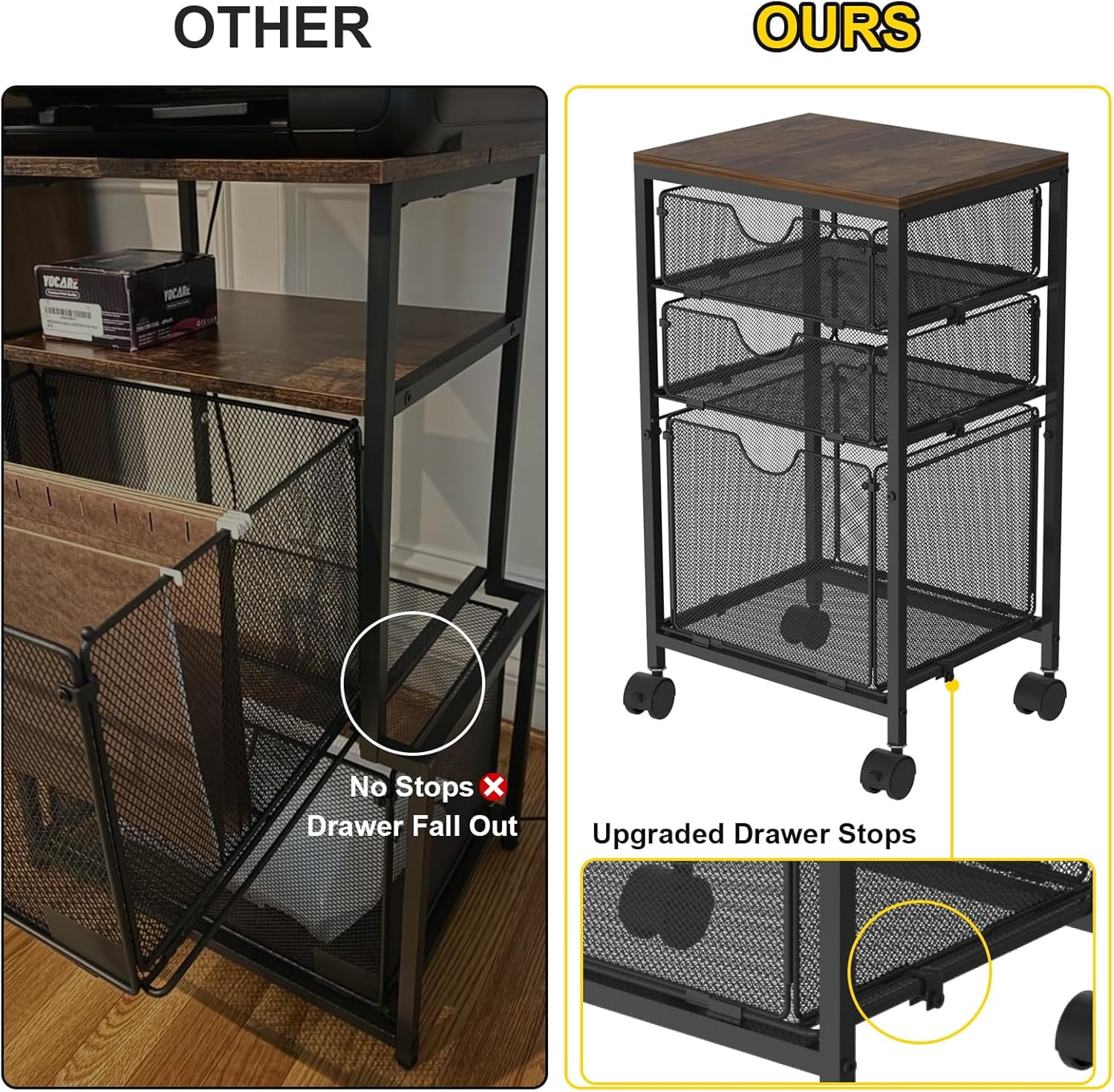 Rolling File Cart with 3 Storage Drawers, Wood & Mesh Hanging File Folder Organizer with Wheels Under Desk, File Cabinets for Home Office, 11.81"D x 14.8"W x 25.39"H, Black
