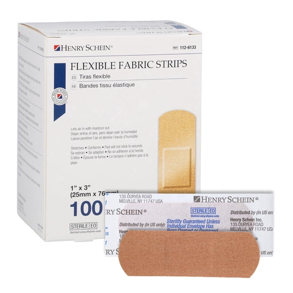 Henry Schein Sterile Adhesive Fabric Bandages, Flexible 1” x 3” Strips, 100 Count Box