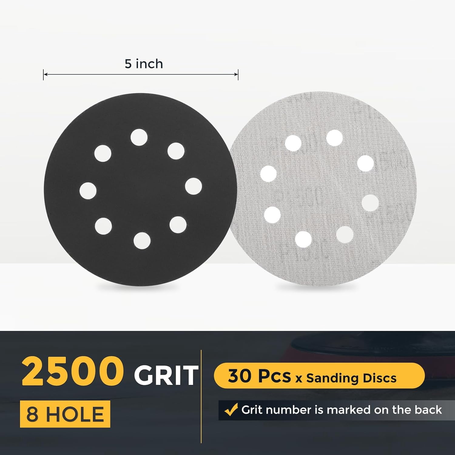 FRKSMD-30 Pcs 5 Inch Sanding Disc 8 Hole 2500 Grit Hook and Loop Sandpaper Orbital Sander Pads for Woodworking, Metal, Automotive Grinding and Polishing, Silicon Carbide