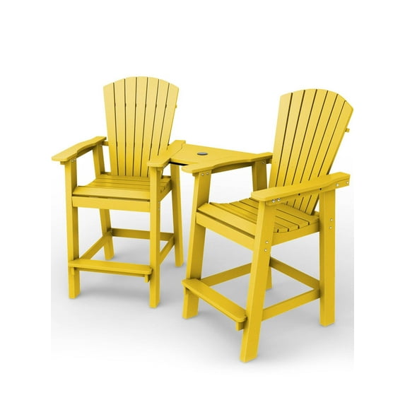 Wulful Tall Adirondack Chair Set w/ 2 Outdoor Barstools and Connecting Tray for Patio Umbrella, Yellow