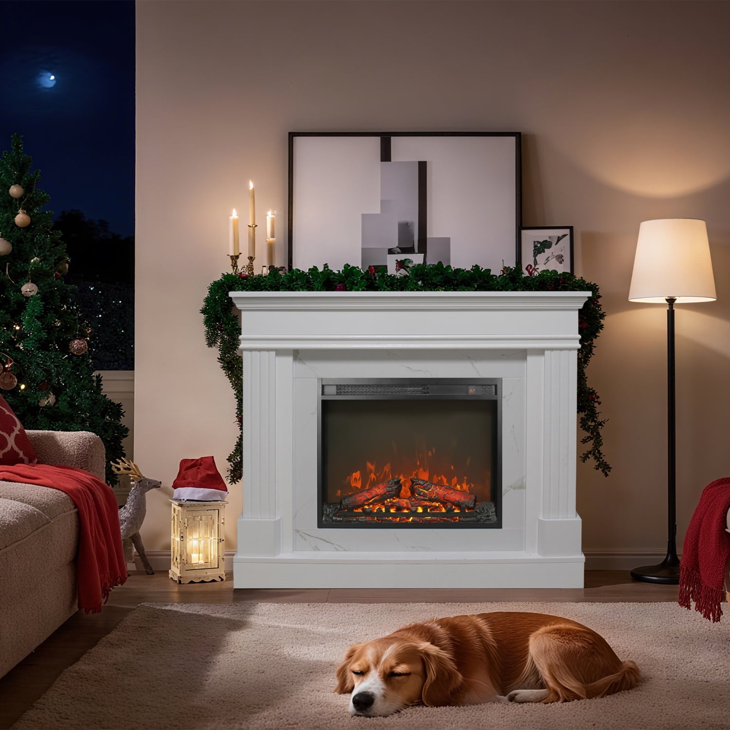 Lisonu 44" Nordic White Electric Fireplace Mantel with Realistic 3D Flame, Faux Stone Texture Surround & Remote Control for Cozy Living Room Decor