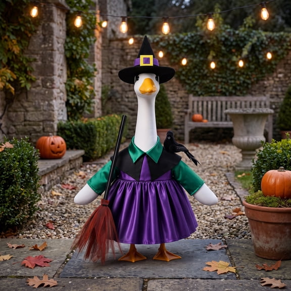 Goose Witch Outfit, Halloween Statue Costume, Porch Yard Decor, Complete Satin Accessory Set and Durable Weatherproof Fabric for Front Porches, Garden Displays and Holiday Party Settings.