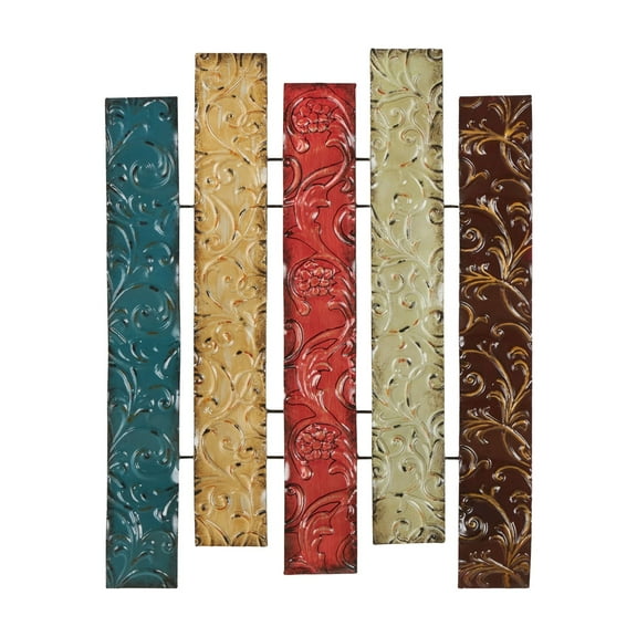 DecMode Multi Colored Metal 3D Wavy 5 Panel Floral Wall Decor with Embossed Scroll Details
