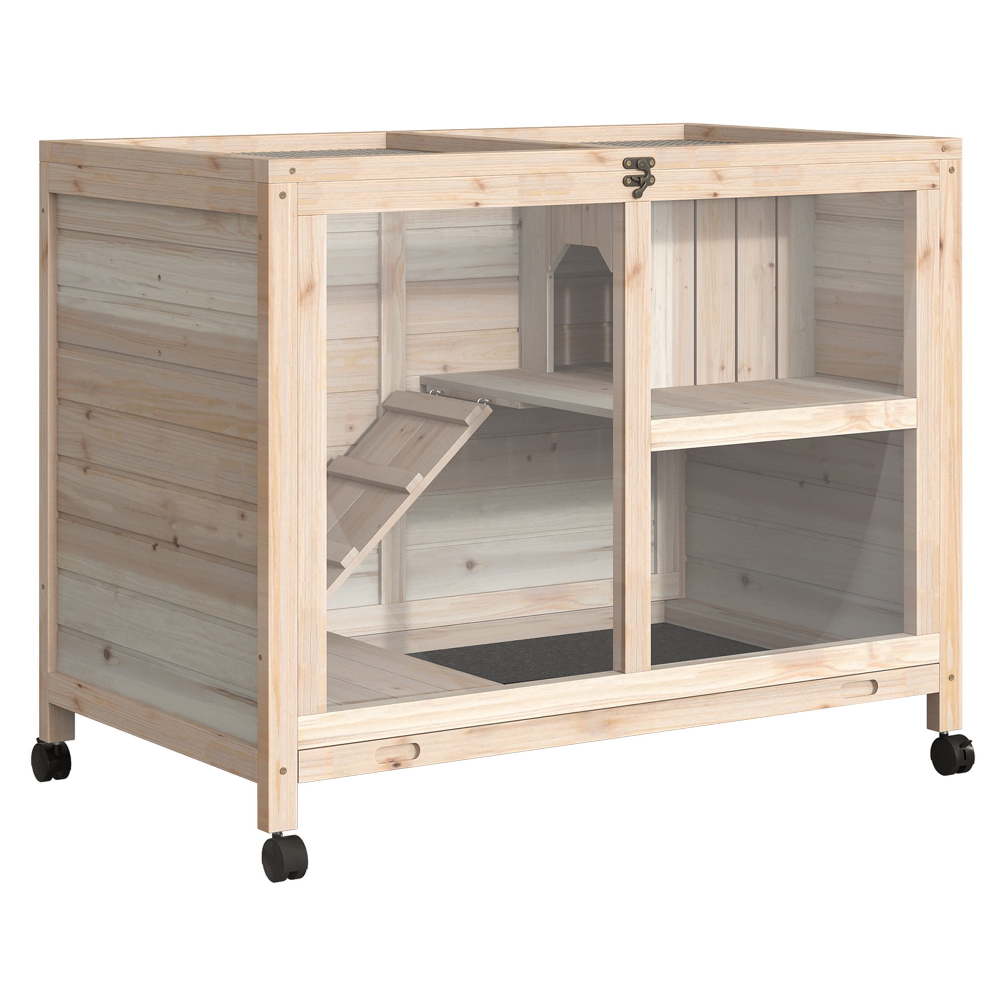 Rabbit Hutch with Wheels, Wooden Bunny Cage, Waterproof Indoor Outdoor Small Animal Cage with Removable Tray & Open Roof