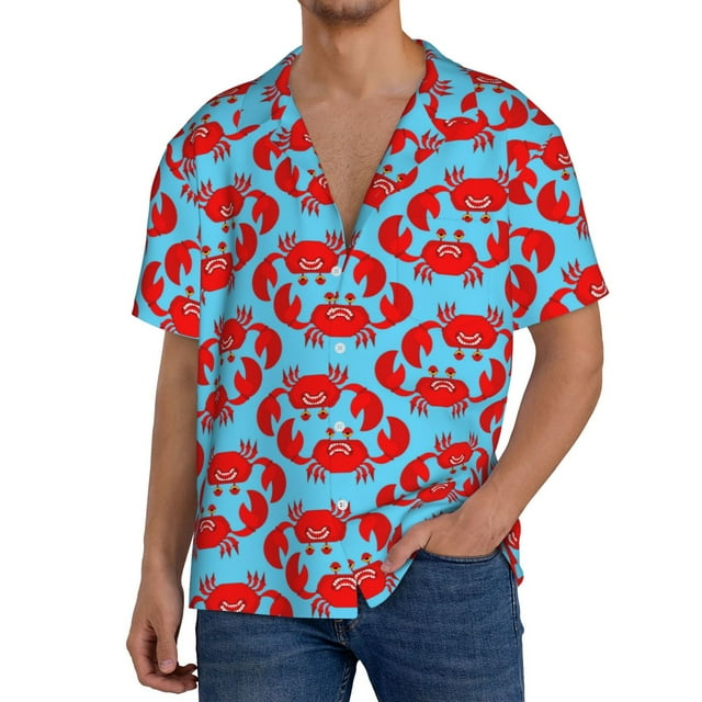 Fotbe Cartoon Crabs Camisa Estampada de Manga Corta para Hombre, Casual de Verano, Estilo Playero, Sin Arrugas-Large