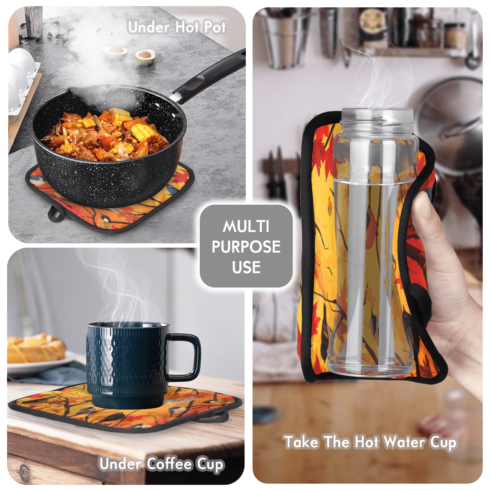 CURLYOOT Birds Fall Maple Leaf Oven Mitts and Pot Holders Sets of 2, Non-Slip Washable Hot Pads and Oven Gloves for Kitchen Cooking Baking