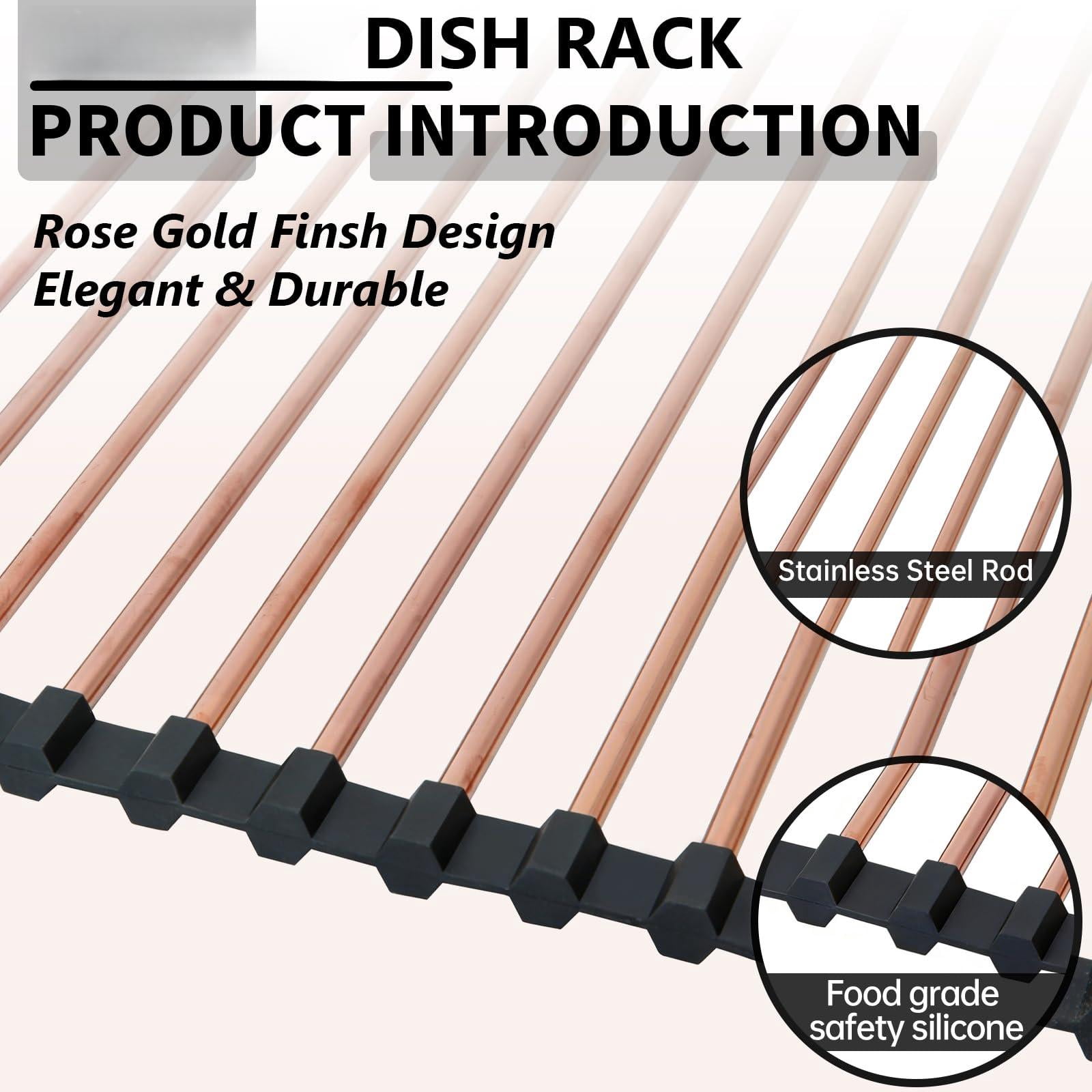 15.74"*17" Large Roll Up Dish Drying Rack Over The Sink  Stainless Steel Multipurpose Foldable With Anti-slip Silicone For Kitchen Counter Drainer Rose