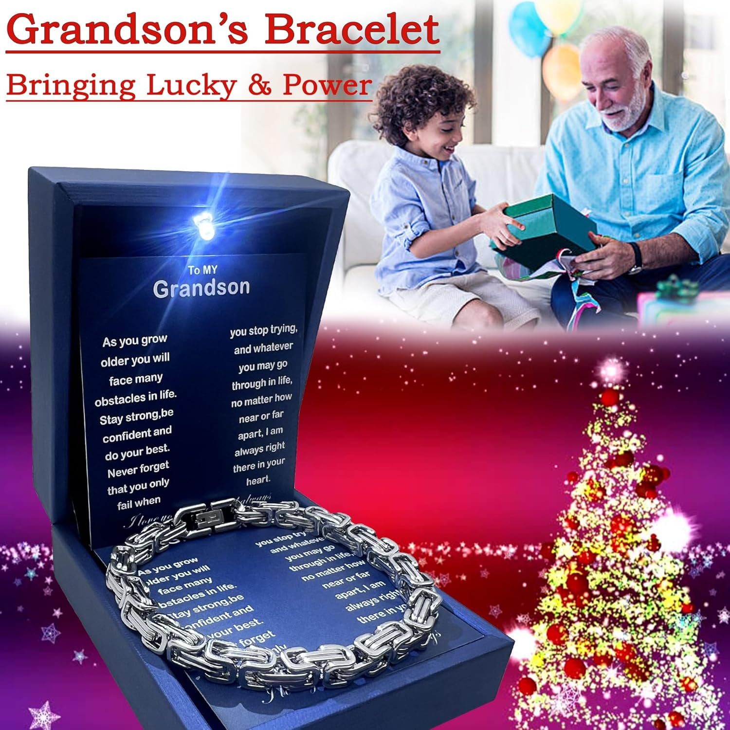 To My Grandson Bracelet Grandson Gifts From Grandma Grandparents Graduation Birthday Christmas Gifts With Message Card＆LED Gift Box