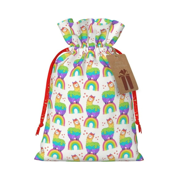 Naloa Rainbow Llama Drawstring Christmas Bags, 3D Xmas Gift Bags, Christmas Wrapping Bags, Xmas Goodie Bags, Treat Pouch Bags, Party Favor Bags-Small