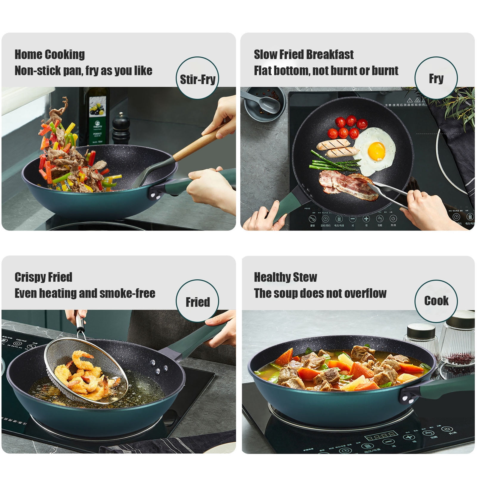 Nonstick Wok with Lid,12 inch Stir-Fry Pans with Anti-Scald Handle & Steamer Basket, Flat Bottom Woks Pan, Multifunctional Cooking Wok Deep Frying Pan, Non Stick Stir-Fry Pan Suitable All Stovetops,