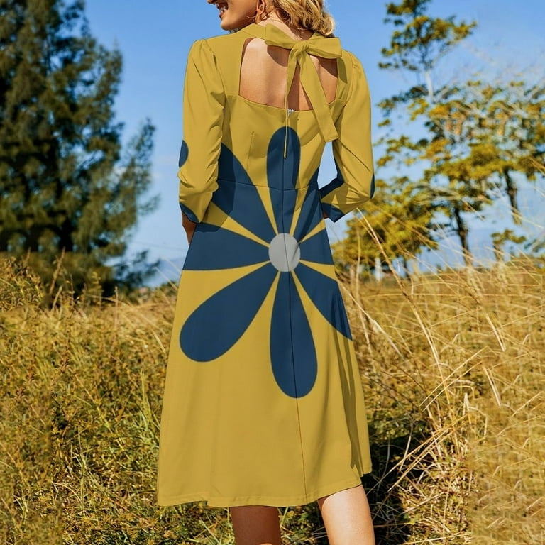 Mustard Yellow Simple Blue Flower Dress Summer Dresses Woman