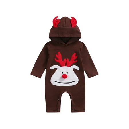 

TheFound Newborn Baby Girls Boys Christmas Clothes Jumpsuit Reindeer Hooded Long Sleeve Romper with Buttons