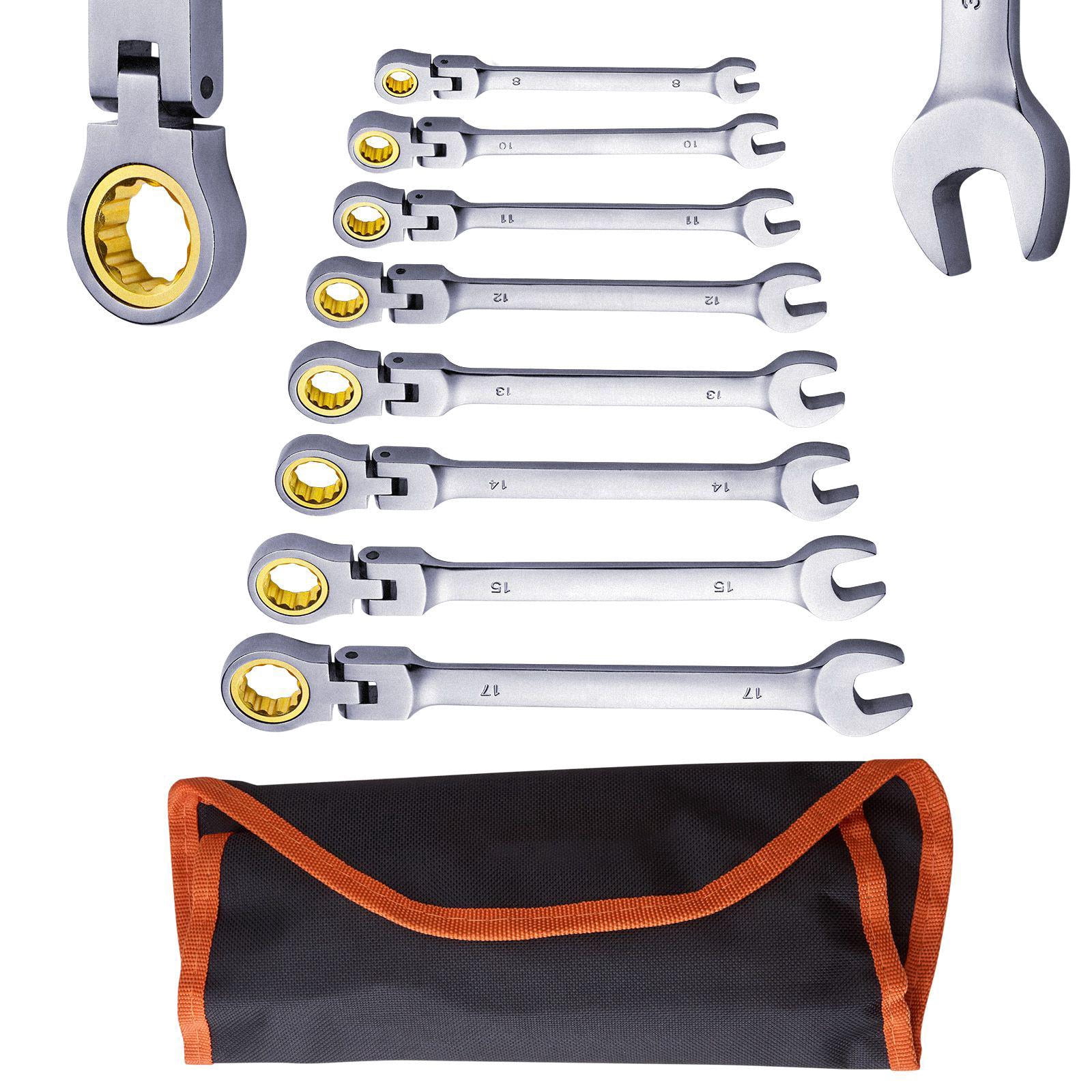 8 Piece Chrome Vanadium Steel Ratchet Wrench Set 8mm to 17mm Metric with Reel Bag for Household and Automotive Repair
