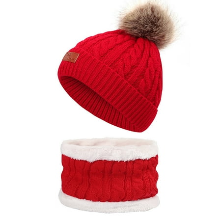 

BIZIZA Baby Hats Toddler Cute Caps Warm Beanie Christmas Faux Fur Pompom for 1-5Y Kids Red One Size