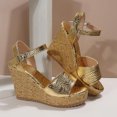 thumbnail image 3 of Kukoosong Womens Wedge Sandals Dressy Summer Suede Wedges Peep Toe Chunky Block Heels Platform Wedge Sandals Buckle Strap Sandals Women Gold 36, 3 of 7