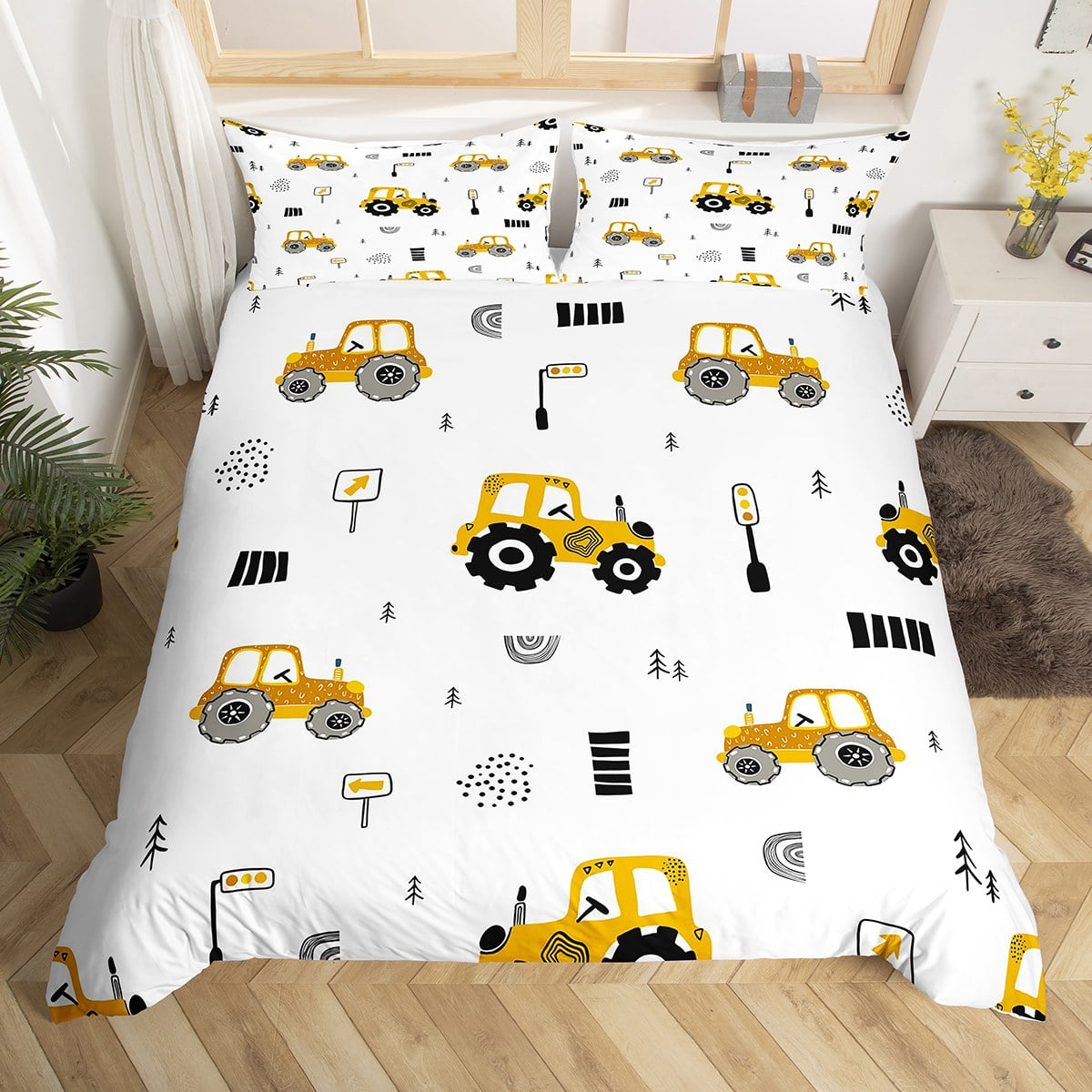 YST Machinery Truck Comforter Cover Yellow Car Bed Set, Equipment