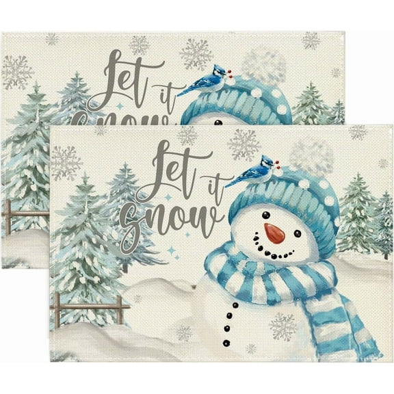 Let It Snow Snowman Christmas Placemats Set of 4, 12x18 Inch Winter Table Mats for Party Kitchen Dining Decoration