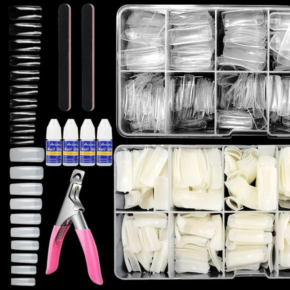 shiyou-1000PCS Square Nail Tips and Glue, Clear Natural False Acrylic Nail Tips, Half Cover 10 Sizes French Artificial Nail Tips Manicure with Nail Clipper, Nail Files and Glue for Dip Powder Nail Sa