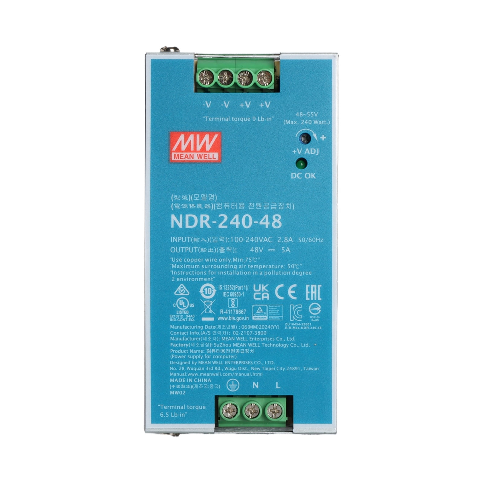 Feedannce 48V 5A 240W Switching Power Supply, Industrial, DIN Rail, MEAN WELL NDR-240-48