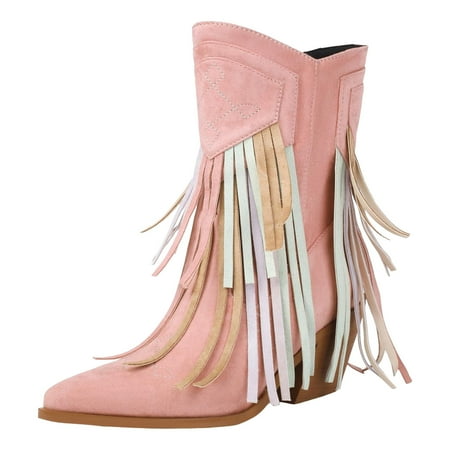 

Jungdeepe Women s Boots Heel Embroidery Embroidery Western Boots Tassel Hit Color Suede Pointed Toe Side Zipper Short Boots 2024 New Foreign Trade