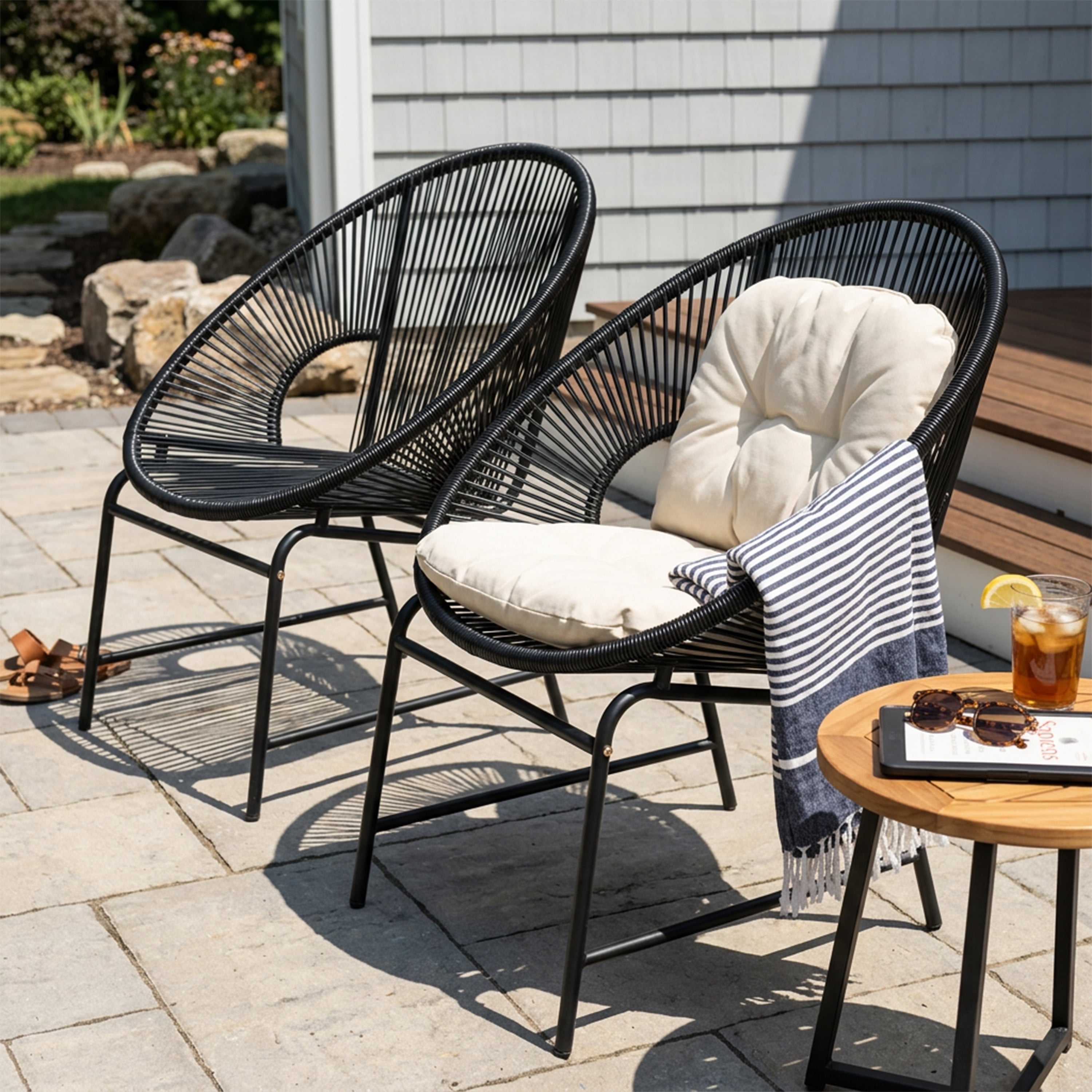 Outdoor PE Rattan Wicker Chairs Set of 2 with Iron Frame for Garden Porch Balcony, Black