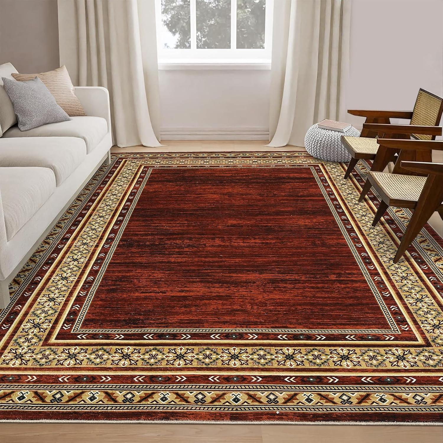 Memoryfield 8'x10' Area Rug, Modern Bordered Washable Rugs Soft Foldable Accent Rugs for Indoor Living Room Bedroom, Red