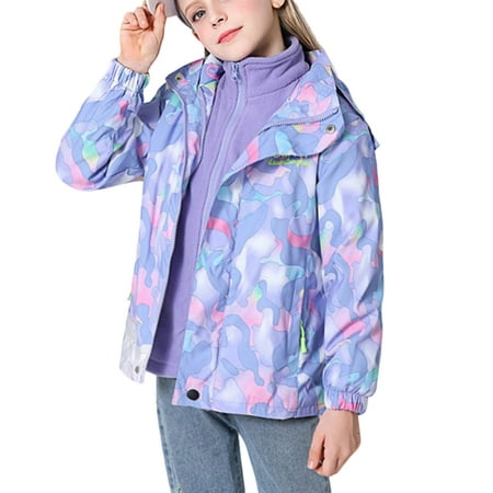 

URMAGIC 3-13Y Child Girls Fleece Jacket Windbreaker 2-in-1 Camo Outdoor Jakcet