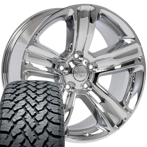 OE Wheels DG65 20 Inch Rims and Tires Fit Ram 1500 Style 5x139.7 20x9 Chrome - Hollander 2453 - TS-37 AT 275/55-20 (Set of 4)