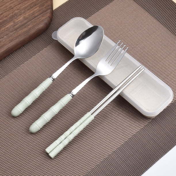Aparatos de cocina, accesorios de cocina, utensilios de cocina, herramientas de cocina 3 en 1 Juego de tenedor, cuchara y palillos de acero inoxidable Set de viaje con estuche de plástico Tenedor de a