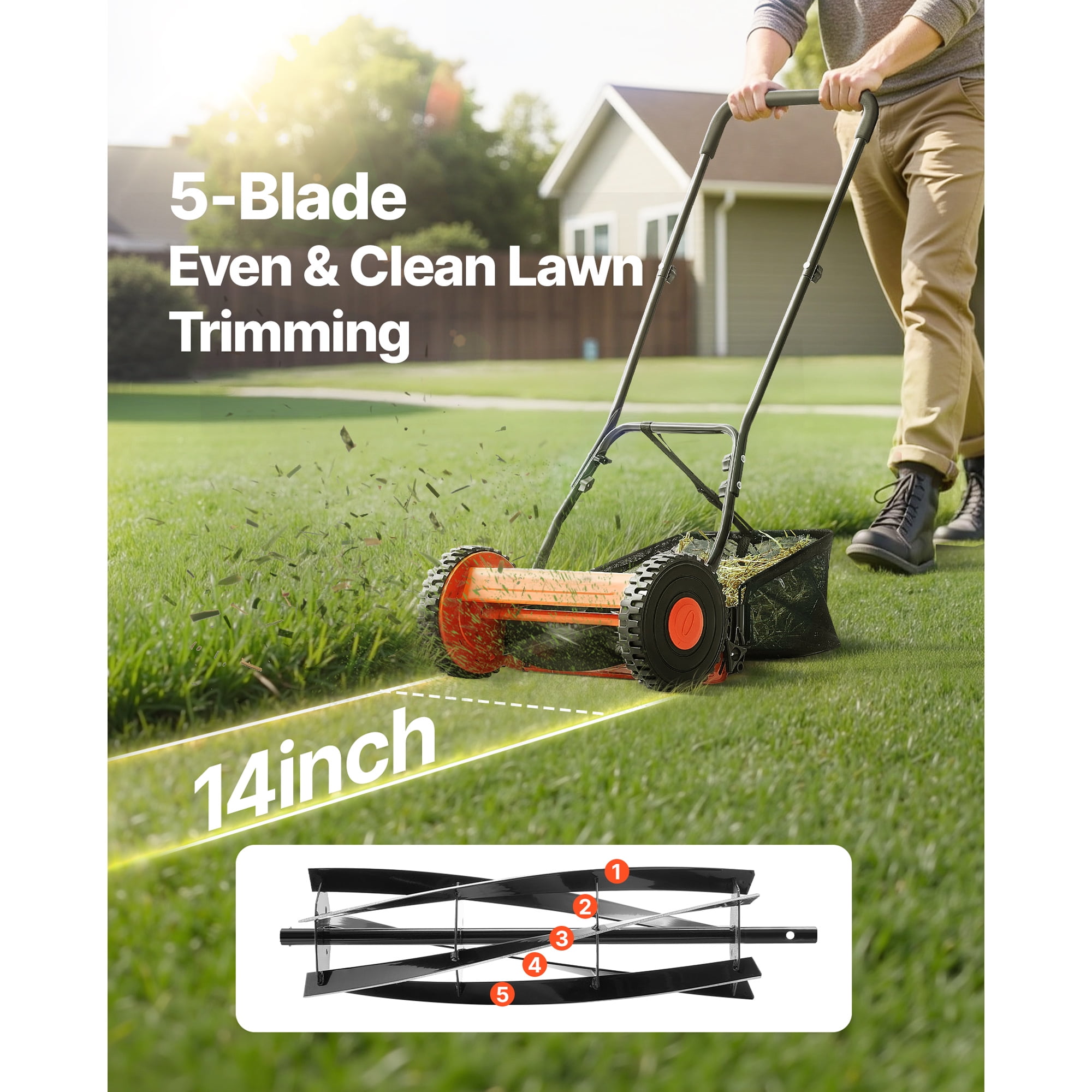 KFFKFF 14-Inch Manual Push Reel Lawn Mower, 5-Blade Design, Adjustable Cutting Height (0.6-1.75 in), Walk-Behind Mower with Grass Catcher for Lawns, Driveways, and Courtyards