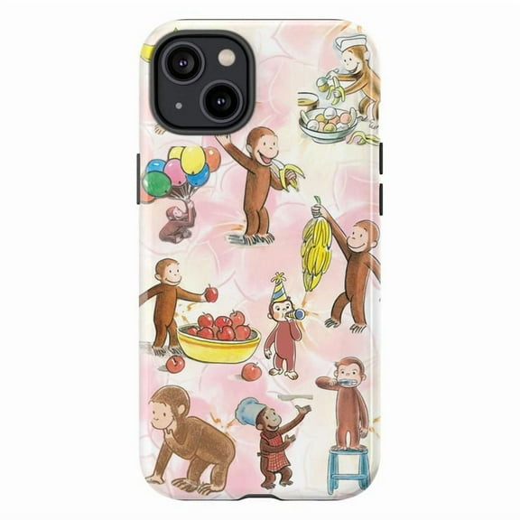 Curious Monkey Party & Fruit Phone Case – Playful Cartoon Design with Balloons & Bananas, Cover for iPhone 11/12/13/14/15/16 Mini Pro Max Plus