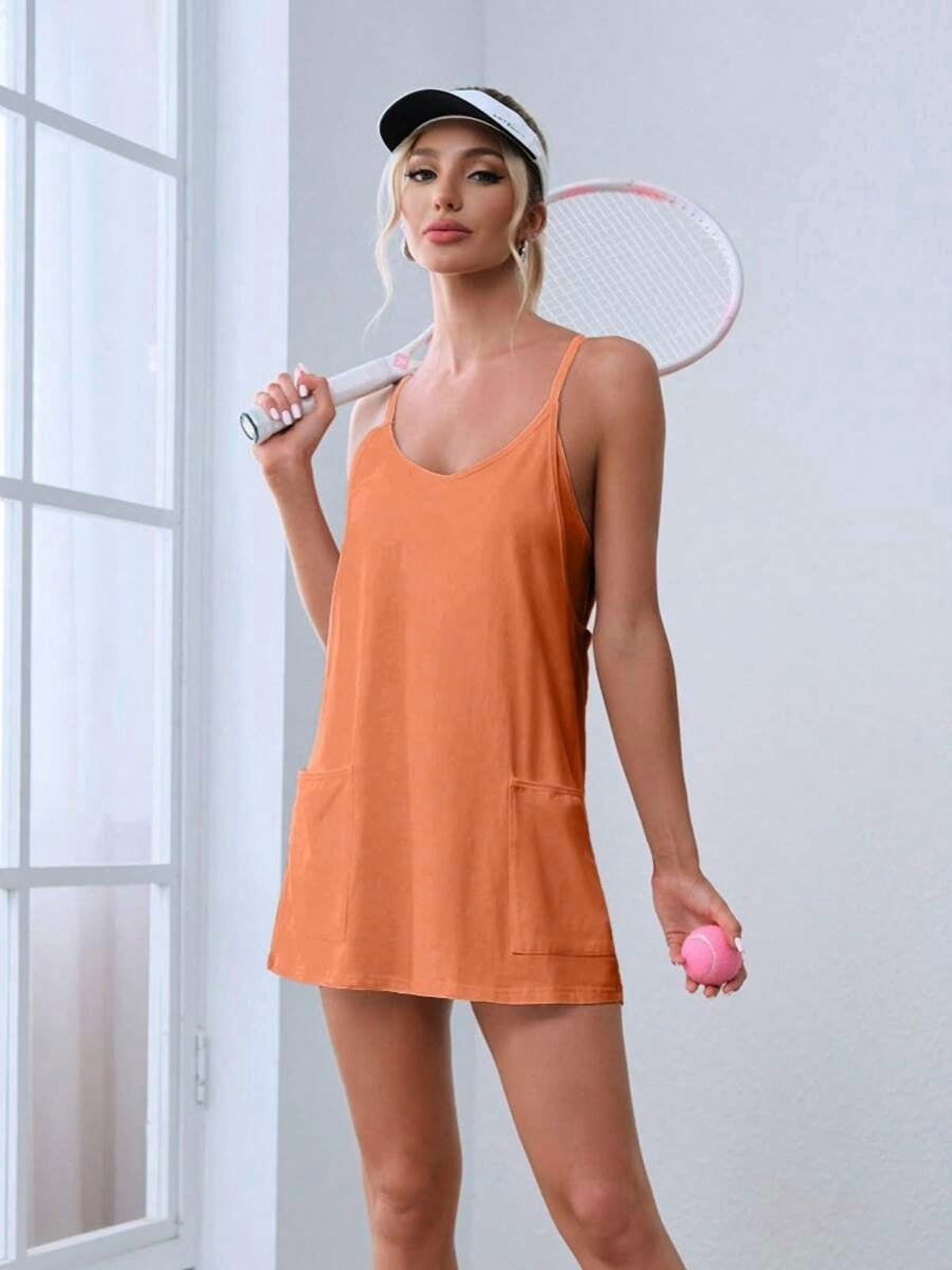 Pink Womens Sleeveless Athletic Tennis Mini Dress With Pockets For Workout And Summer