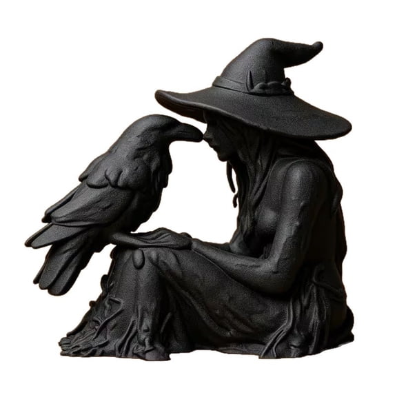Sitting Witch Statue with Crow, 3.2" Gothic Halloween Witch Figurine, Witch Decor for Shelf & Mantel, Indoor Halloween Decorations