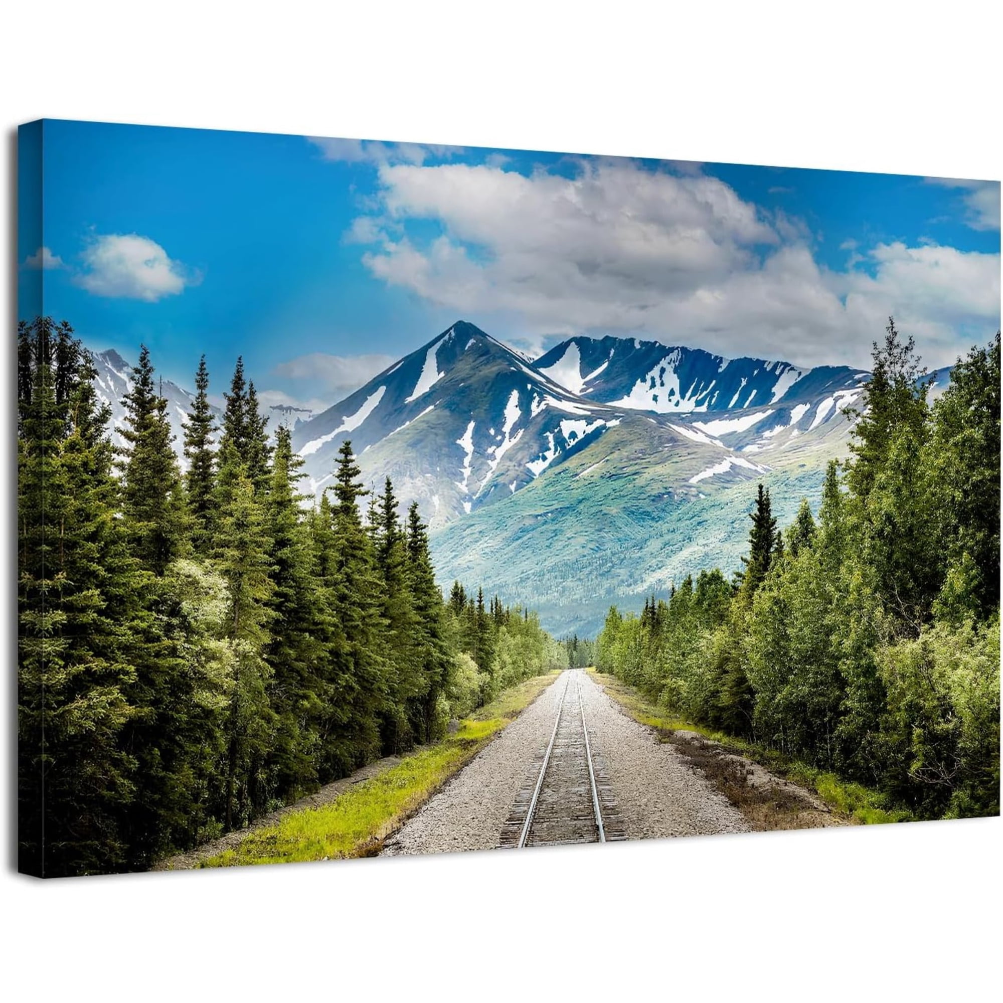 Railroad Mountain Canvas Wall Art Scenic Railway Through Forest Print Wilderness Nature Artwork for Living Room Bedroom Cabin Decor Ready to Hang