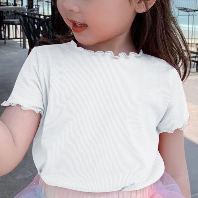 AherBiu T-Shirts Filles Manches Courtes à Volants Hauts en Coton Doux Col Rond Décontracté Couleur Unie 1-9 Ans