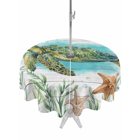 Outdoor Tablecloth with Umbrella Hole for Patio/Picnic/Party/Camping, Ocean Green Turtles Waterproof Table Cloth Round Cover Washable, Coastal Starfish Seagrass Rustic Wooden (Dia 54")