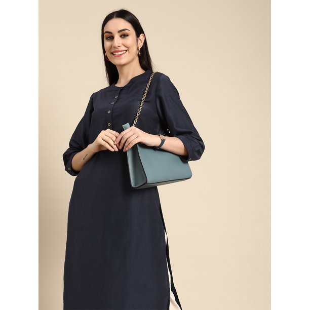 Anouk By Myntra Kurta For Women Mandarin Collar Navy Blue Solid Kurta