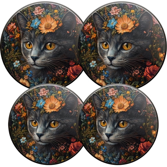 Electric Stove Burner Covers,4 Pcs Round Gas Burner Cover,8 and 10 Inch,Black Cat Surrounded by Flowers